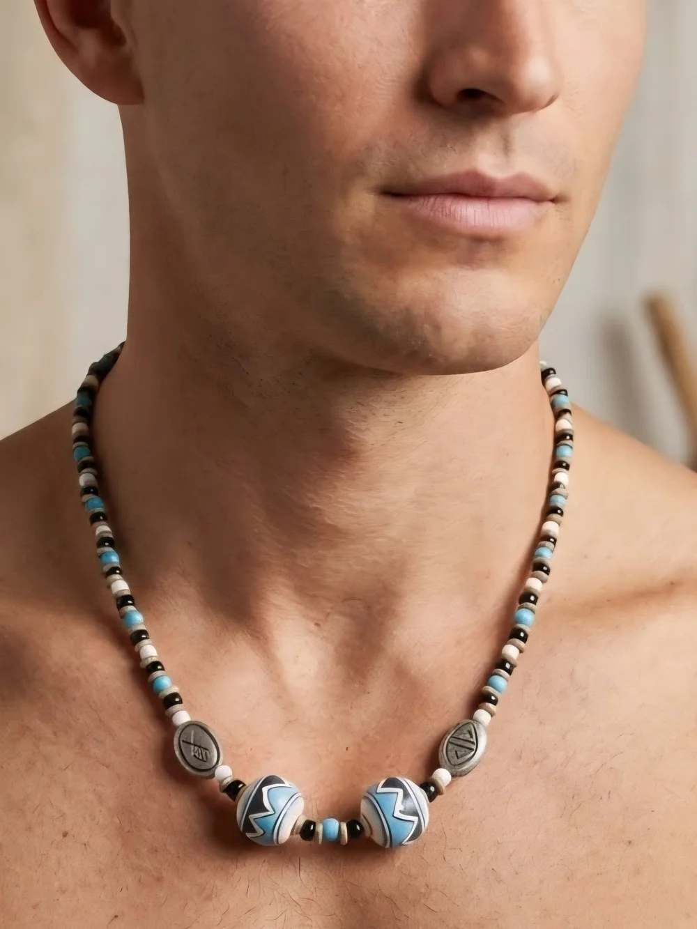 Beaded Men's Necklace in Blue and Cream - Stylish Grooming Accessory